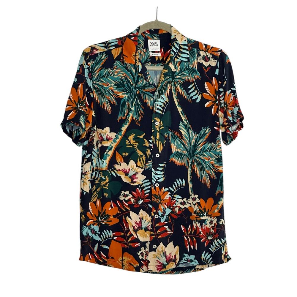 Zara black floral short sleeves relaxed fit shirt size small